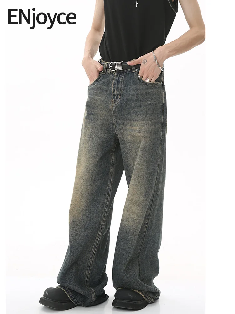 

2024 Spring Men Vintage Gradient Wide Leg Jeans Y2K Streetwear Korean Casual Loose Pants Cargo Denim Straight Trousers