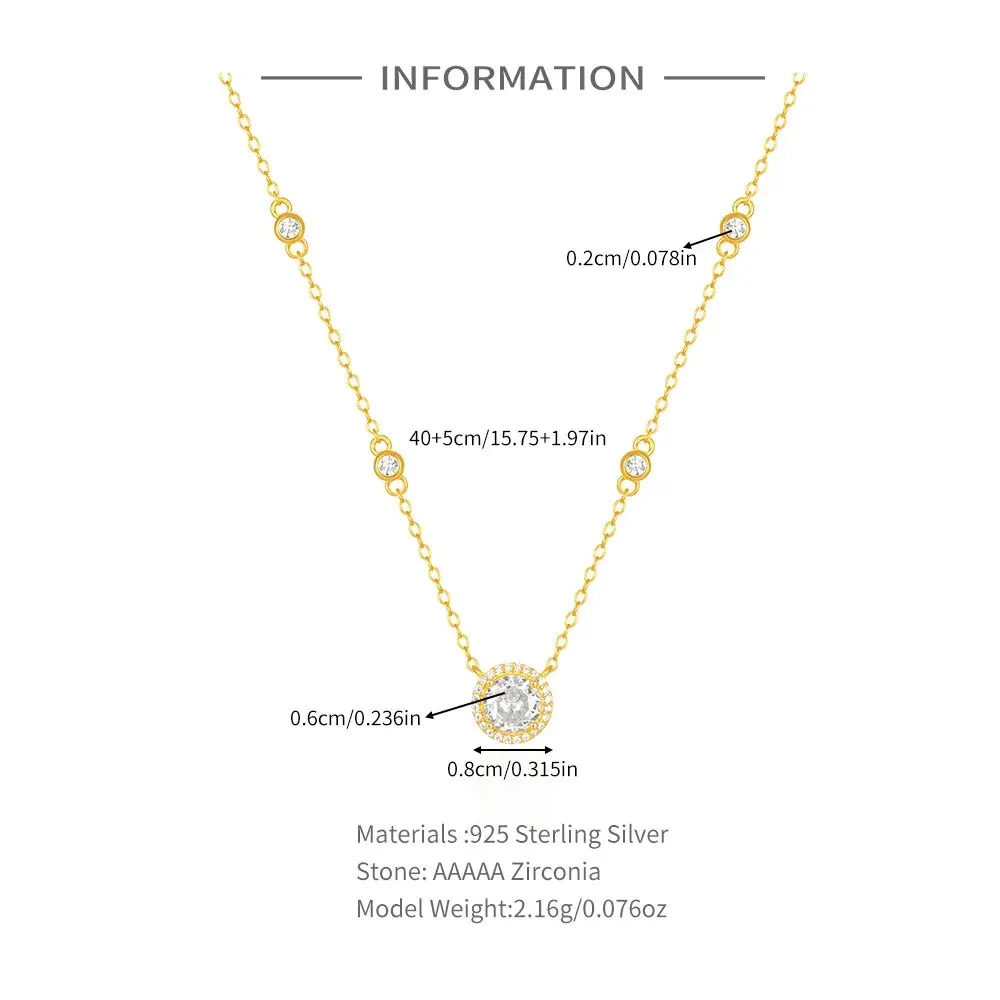 MC New 925 Sterling Silver 18k Gold Round Zircon Pendant Necklaces For Women Girls Necklace Chain Jewelry Gift Collares подвеска