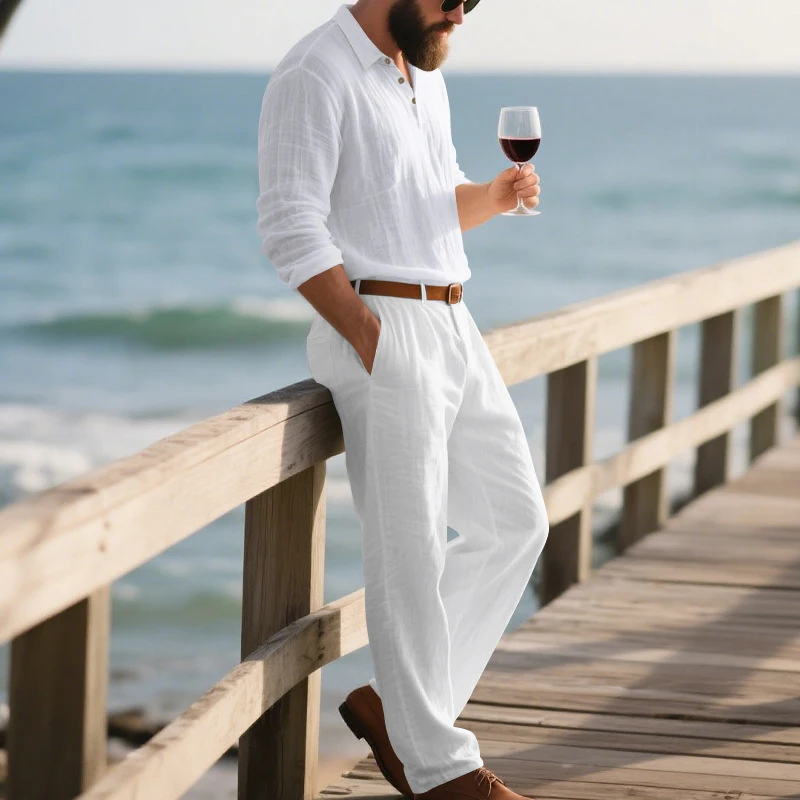 Daily Leisure Men's Pure Color Linen Sets 2025 Autumn Casual Long Sleeve Polos And Trousers Two Pieces Suits Men Vintage Outfits