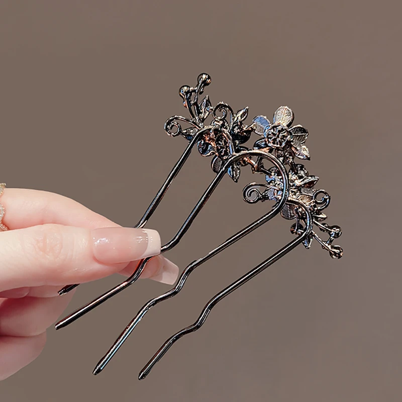 Chinese Ancient Style Exquisite Pearl Rhinestone Flower U-shaped Hair Comb Women Elegant Temperament Daily Metal Hairpin