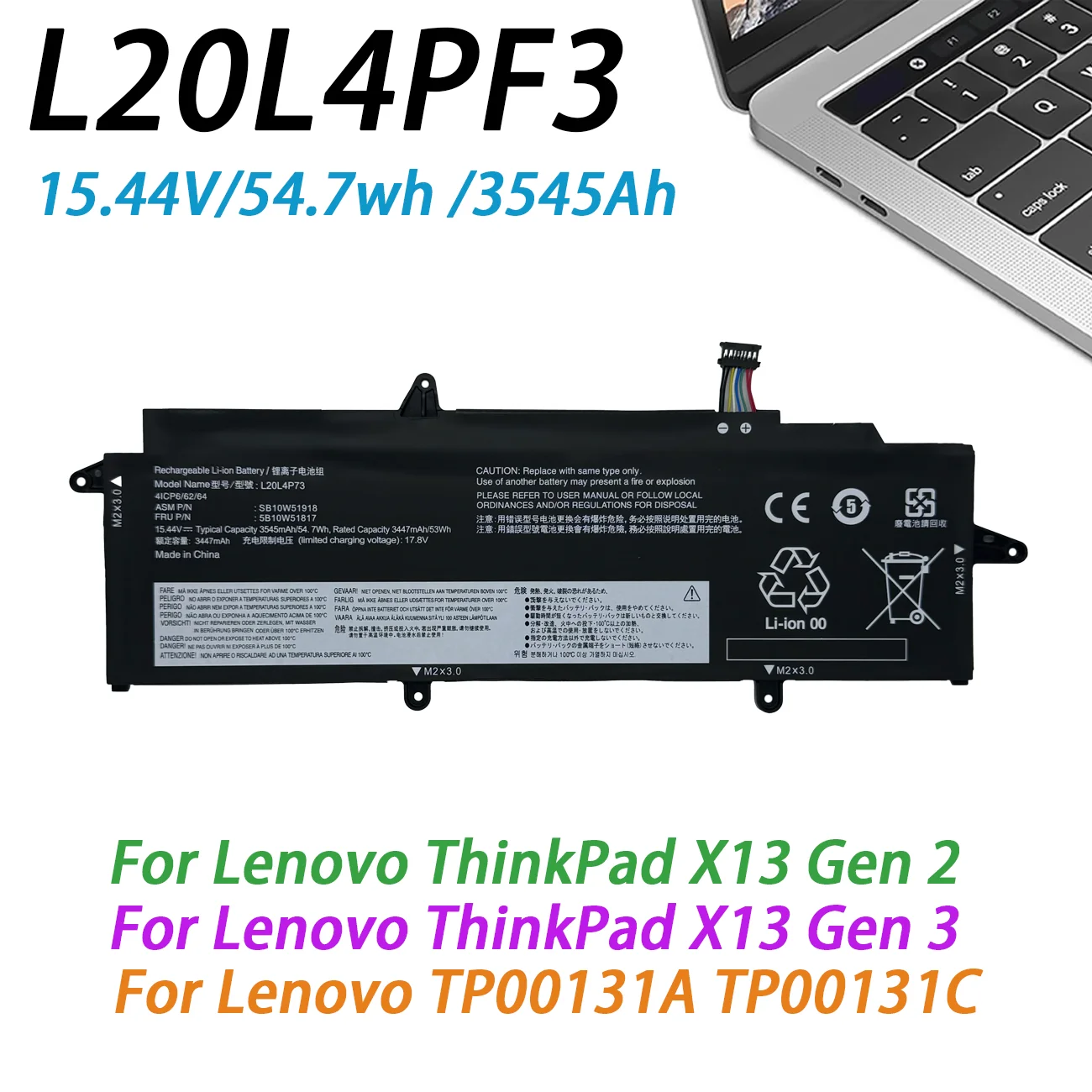 NEW L20L4P73 Battery For Lenovo ThinkPad X13 Gen 2 /X13 Gen 3 L20M4P73 L20L4P73 L20D4P73 L20C3P72 TP00131A TP00131C 54.7WH