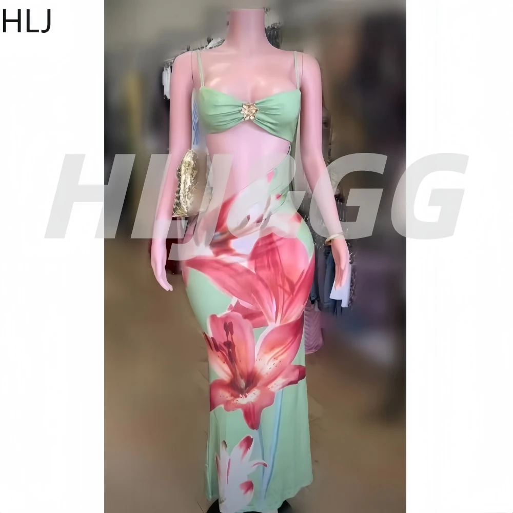 

HLJ Sexy Floral Print Patchwork 2 Piece Bikini Spaghetti Strap Sleeveless Backless Top + Maxi Skirt Matching Female Beachwear