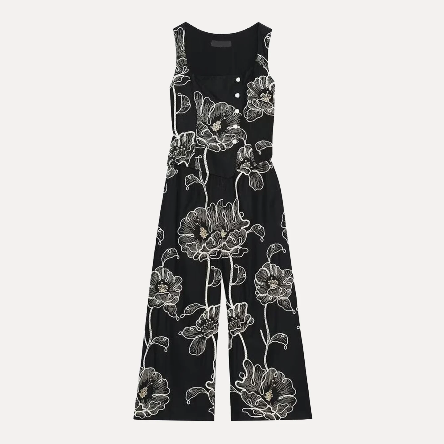 Z 2025 New Faionable Versatile Floral Embroidery One-Piece Suit High Waist Straight Leg Long Pants Polyester Fiber