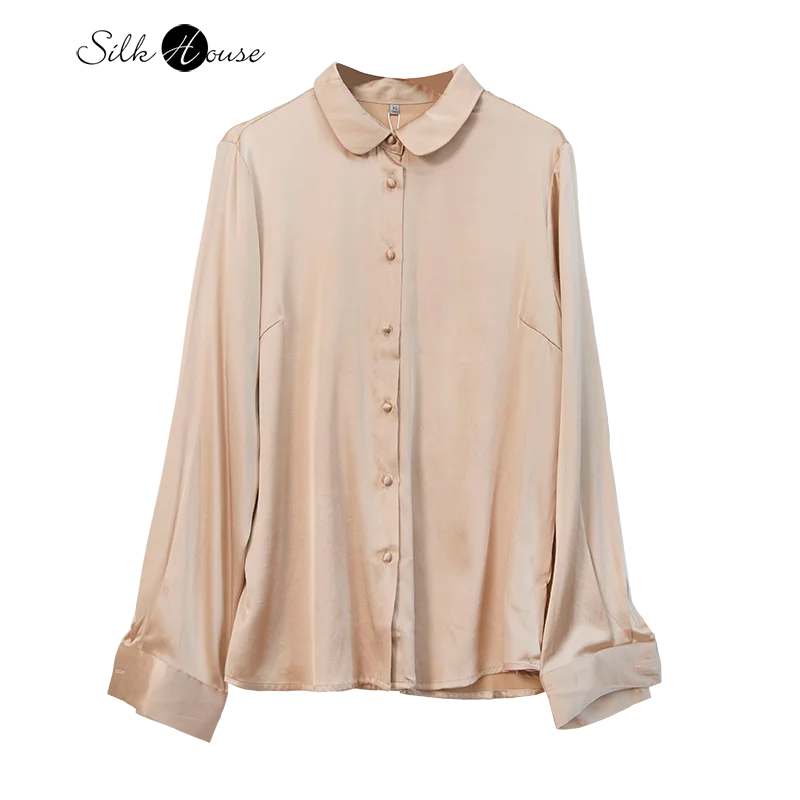 Women\'s Fashion New Early Spring/Autumn Commuting Style Naked Solid Color Elastic Satin Round Neck Natural Mulberry Silk Shirt