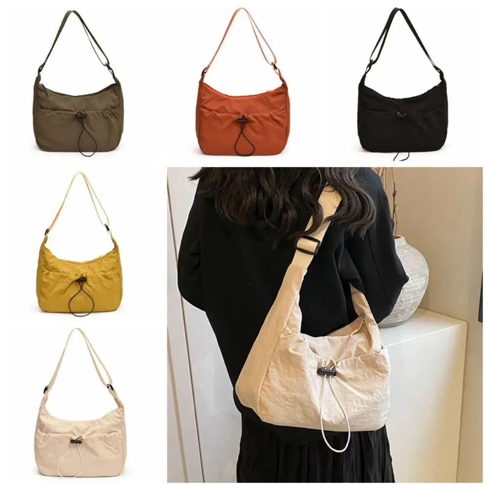 Solid Color Nylon Shoulder Bag Adjustable Shoulder Straps Korean Style Drawstring Bucket Bag Large Capacity Nylon