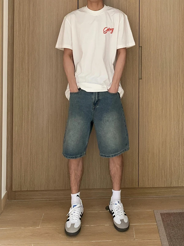 

Cleanfit Vintage Blue Men's Denim orts Summer American High Street Sle Straight Leg Five-Quarter Length Trendy Youth Jeans