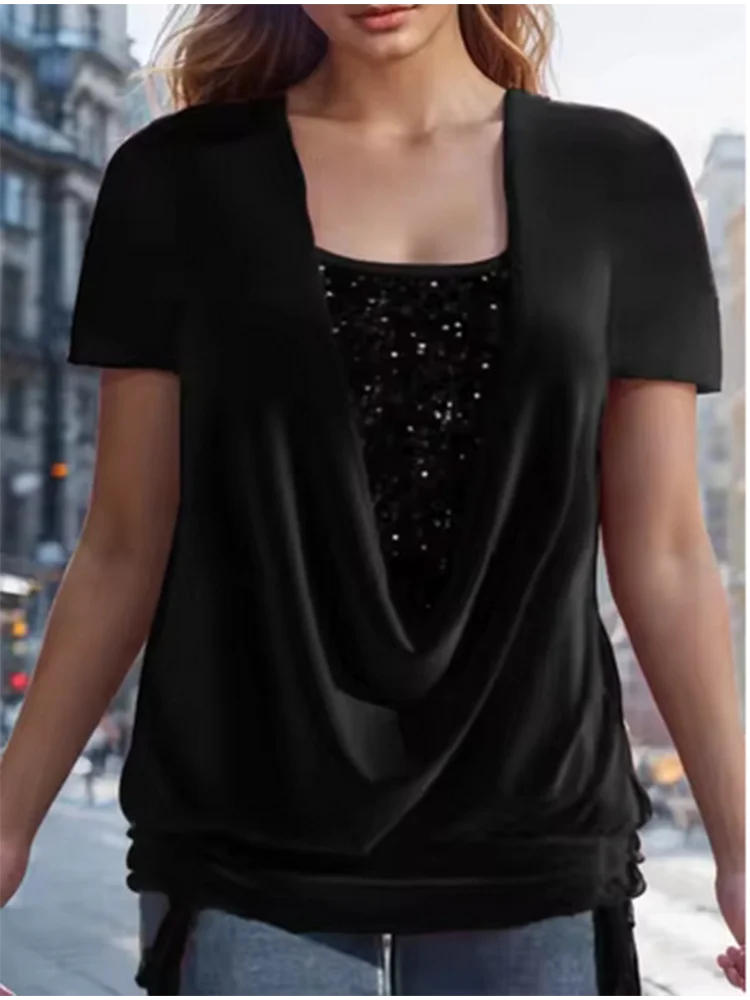 6 Solid Color Sequins Simple Long Sleeve Top Women\'s Elegant Temperament Street Autumn Blouse T-Shirt
