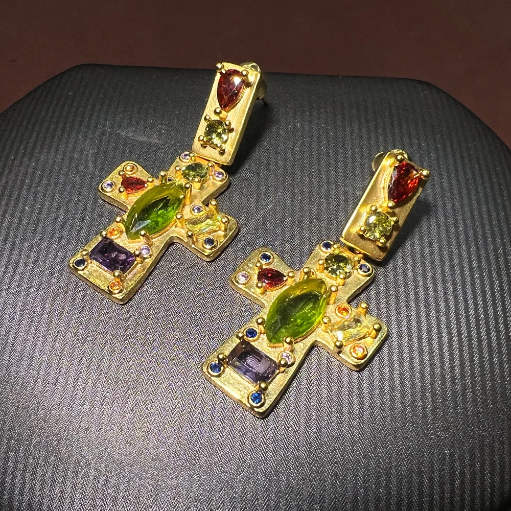 Foreign trade brass diamond cross earrings vintage niche design sense advanced design cross-border hot-selling earrings
