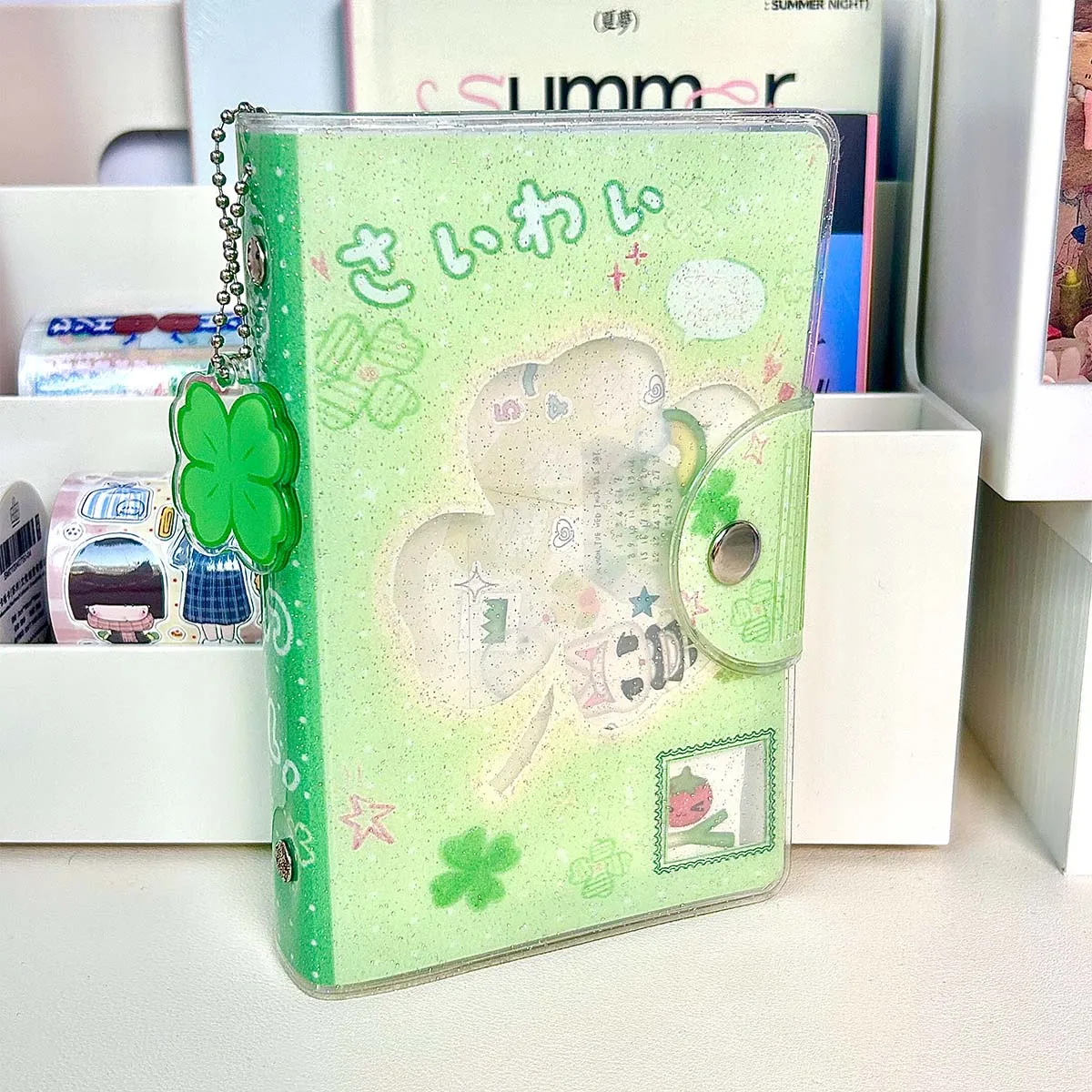 WAKAWAKA A7 Binder Four-Leaf Clover&Girl Glitter pvc Removable Loose-Leaf Notebook Sticker Storage Book Pocket Notebook Portable