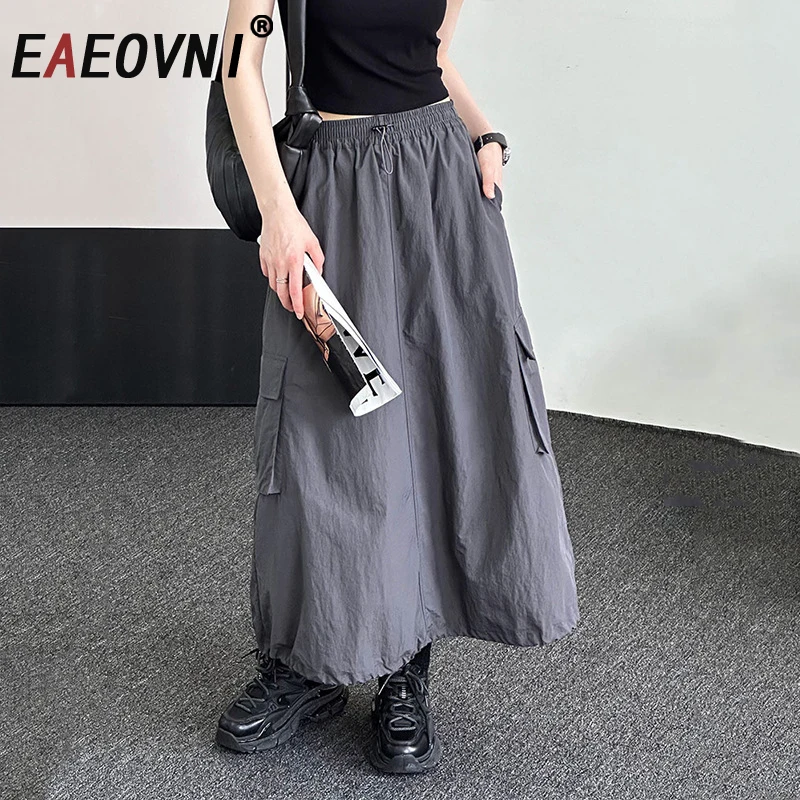

EAEOVNI 2026 Весна-Лето Новая женская юбка с карманами, на шнуровке, однотонная, свободная, повседневная, длинная юбка, модная одежда