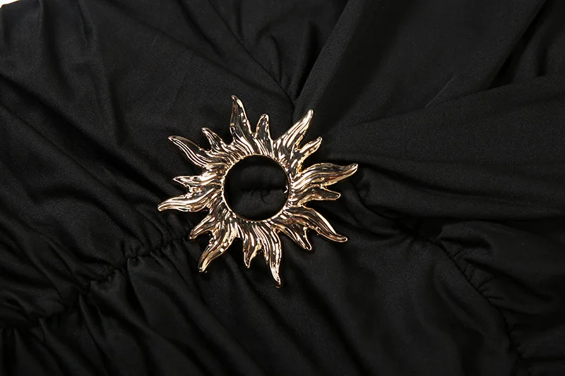 2025 Autumnm Metal Buckle Ruched Bodycon Maxi Dress Women Solid Sexy Deep V Neck Full Sleeve High Split Slim Party Long Robe