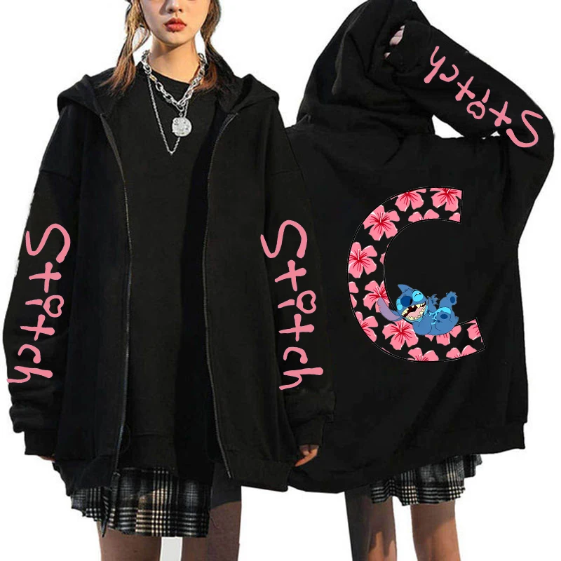 2025 Women's Winter Jacket Cute Kawaii Disney Lilo & Stitch Lucky Letter Print Black Zipper Shirt Fashion Couple Street Sportswe