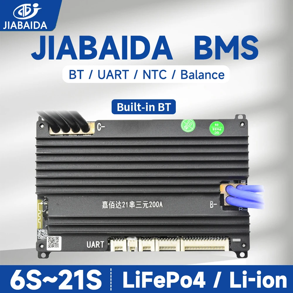 JIABAIDA BMS Smart BT UART for 6S-21S Li-ion LiFePo4 8S 10S 16S 20S Battery 100~200A Continuous Current Charge Protect JBD BMS