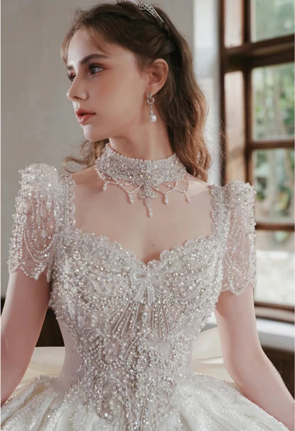 تخصيص ZJ4052 سباركلي كم طويل فستان الزفاف جديد بسيط زائدة الساتان الدانتيل والتطريز فساتين زفاف Vestido Noiva Plus #3