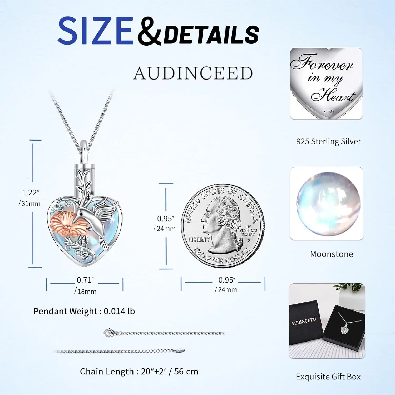 Heart Hummingbird Moonstone Necklace 925 Sterling Silver Urn Necklace Memorial Pendant for Ashes Cremation Jewelry for Women