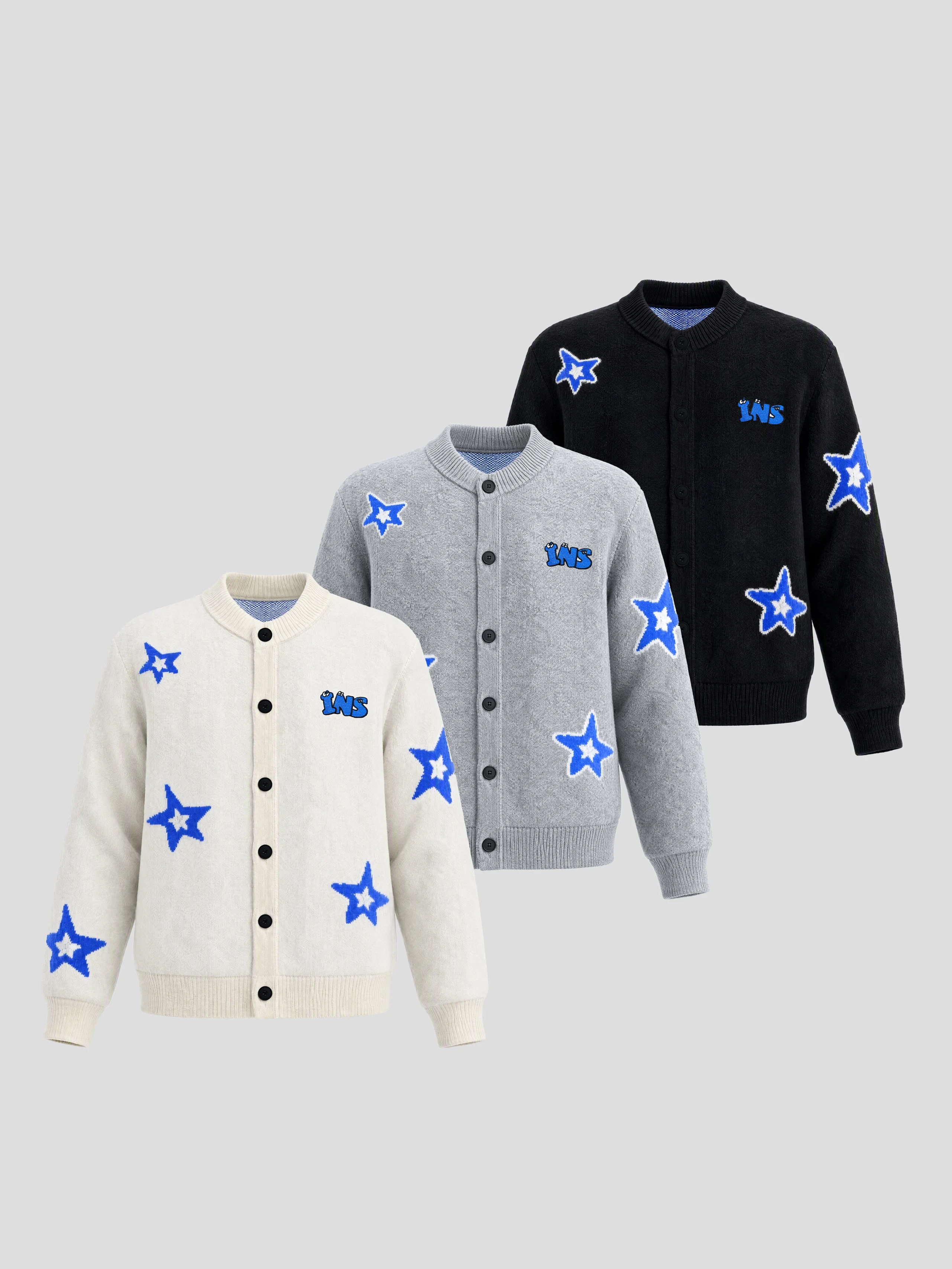 INSstudios American Retro Star Embroidered Loose Knitted Cardigan Sweater Autumn Winter Warm Casual Outerwear for Men And Women