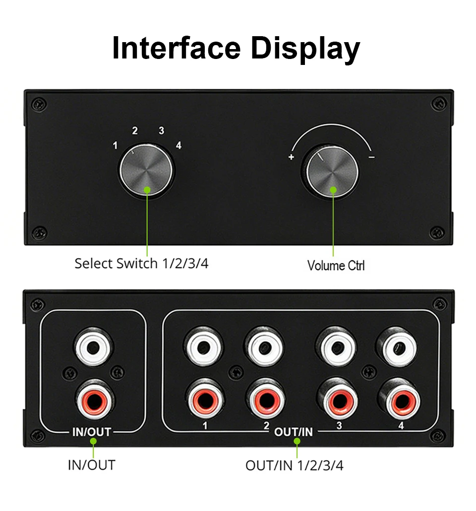 4-Wege-RCA-L-R-Bidirektionaler Stereo-Audio-Schalter, langlebig, Plug-and-Play, für Heimkino-Audio-Schalter, Splitter, HiFi-Zubehör – Detail 6