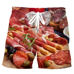 HX Food Sliced Meat Sport Shorts 3D Graphic Delicacy Grilled Sausages Polyester Pockets Board Pants Harajuku Men Clothing