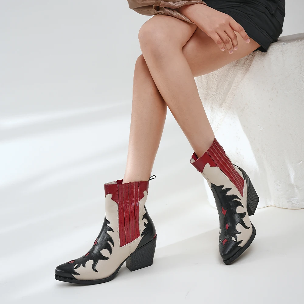 

2025 Women Western Cowboy Boots Pointed Toe Embroidered Block Heel Fashion Pull-On Cowgirl Boots