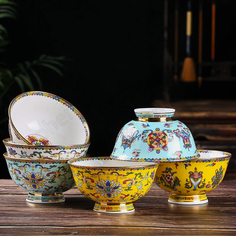 Classical Gold Stroke Enamel Ceramic Bowl Chinese Vintage Palace Tall Large Bone China Ramen Bowls Paint Tangle Flower Tableware