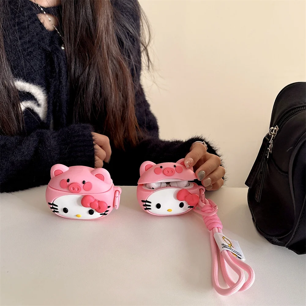 Gift Style For Girls Super Cute Pig Hello Kitty Sanrio Cartoon Anime Anti-fall Headphone Case For Airpods 4, 1, 2, 3, Pro, Pro2