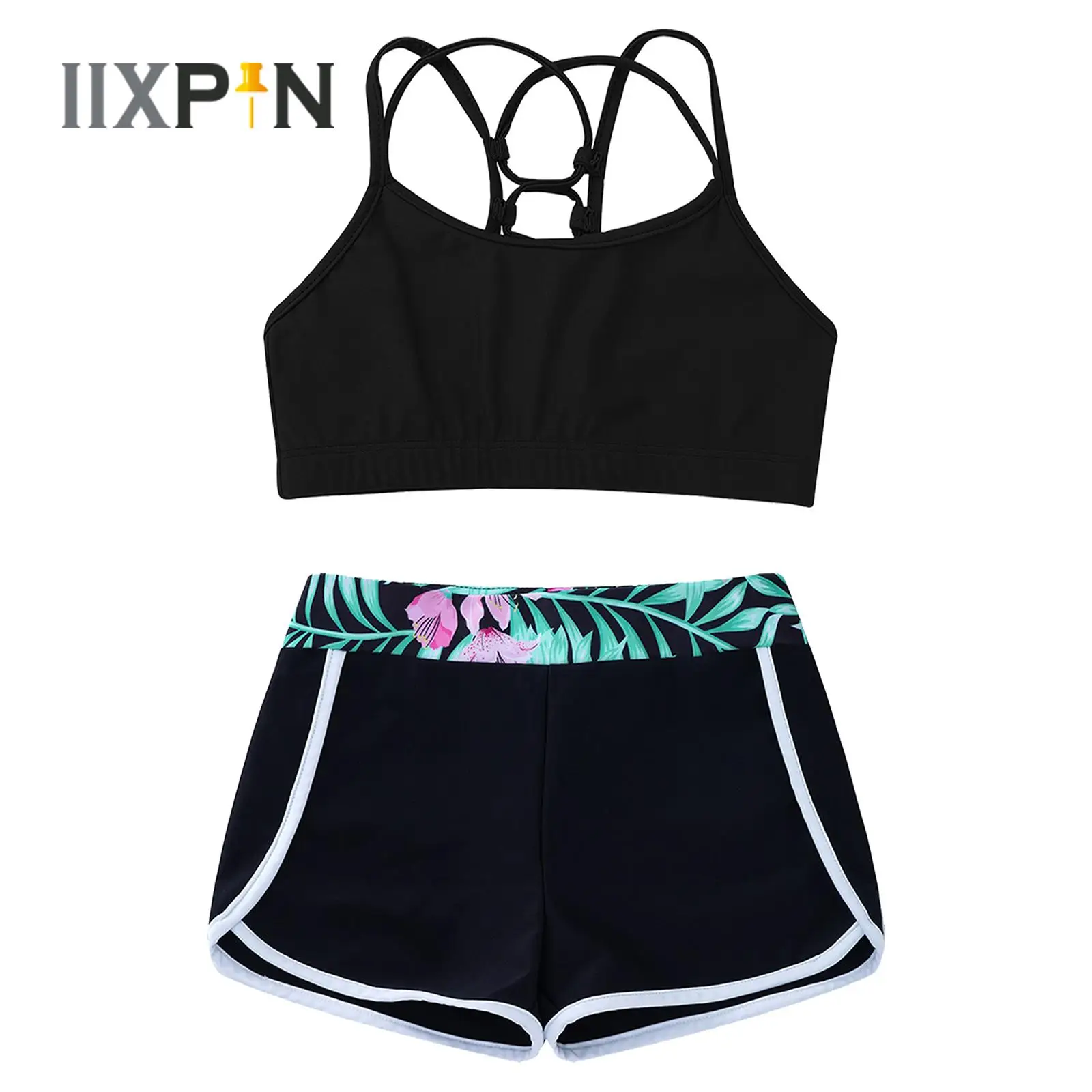 2Pcs Kids Girls Swimwear Swimsuit Sleeveless Strappy Back Crop Tops+Shorts Set Children Summer Beach Pool Swimming Bathing Suits