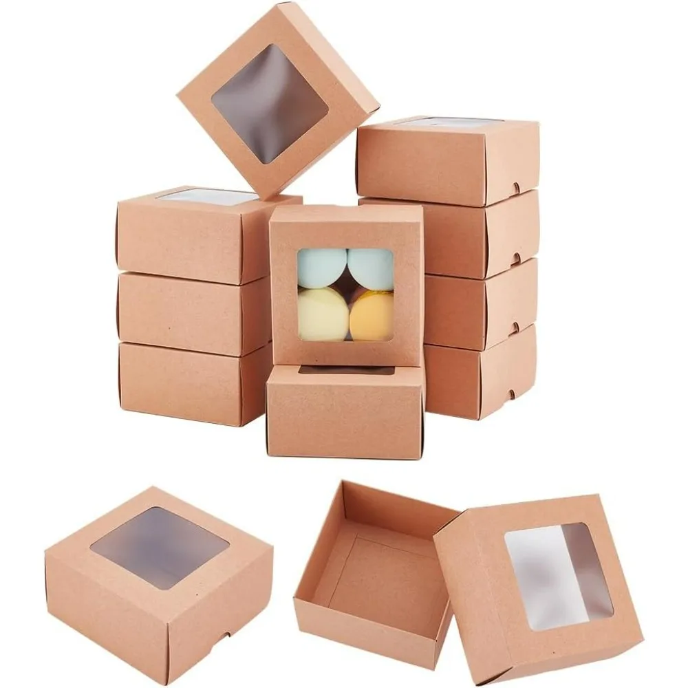 12PCS Brown Kraft Paper Box with Clear Window, 4x4x2inch Square Kraft Paper Gift Box, Suitable for Wedding Party Gifts, Jewelry