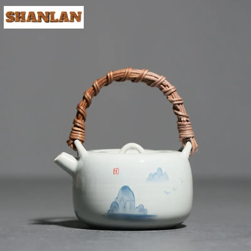 200ml Hand Drawn Landscape Teapot Household Handmade Rattan Teapot Vintage Anti Scald Pot Tea Soaking Kettle Tea Ceremony Gift