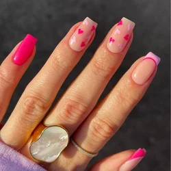 24pcs Short Ballet Fake Nail Art Pink Love Design Nude False Press on Nails Tips Simple Fashion Square Datachable Manicure Set