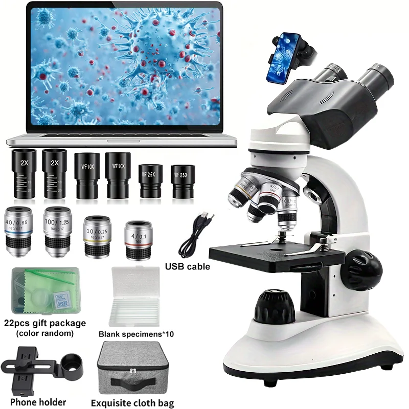 Professional Biological Optical Compound Binocular Microscope, Upgraded Four-Hole Microscope, 40x-5000x Adult Microscope