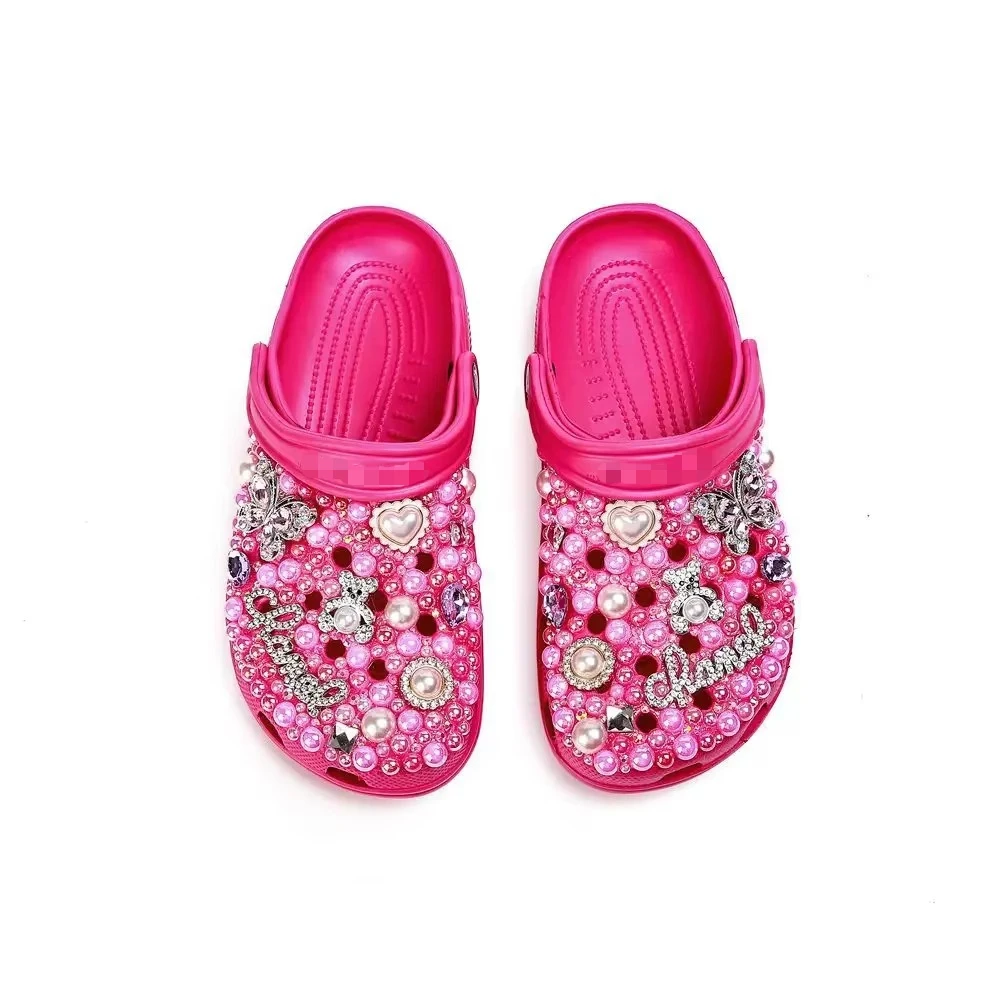

New Sandals Rose Red Pearl Rhinestone Flower Summer Women's Slippers Home Fashion Beach Women's Hole Shoes Handmade DIY