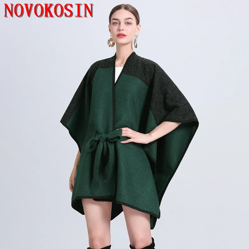 

Two Colors Matching Split Cape Big Pendulum Cardigan Loose Poncho Women Faux Woolen Tie Ribbon Long Cloak Out Streetwear Coat