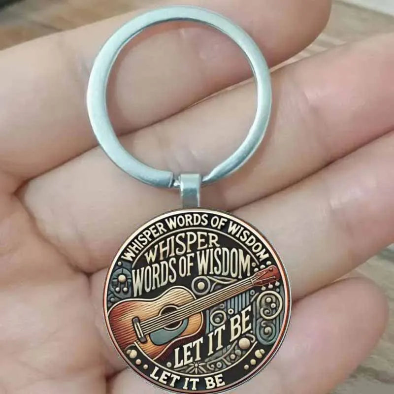 

Guitar pattern zinc alloy keychain with inspirational quote "Let It Be" - music themed gift suitable for birthdays, anniversarie