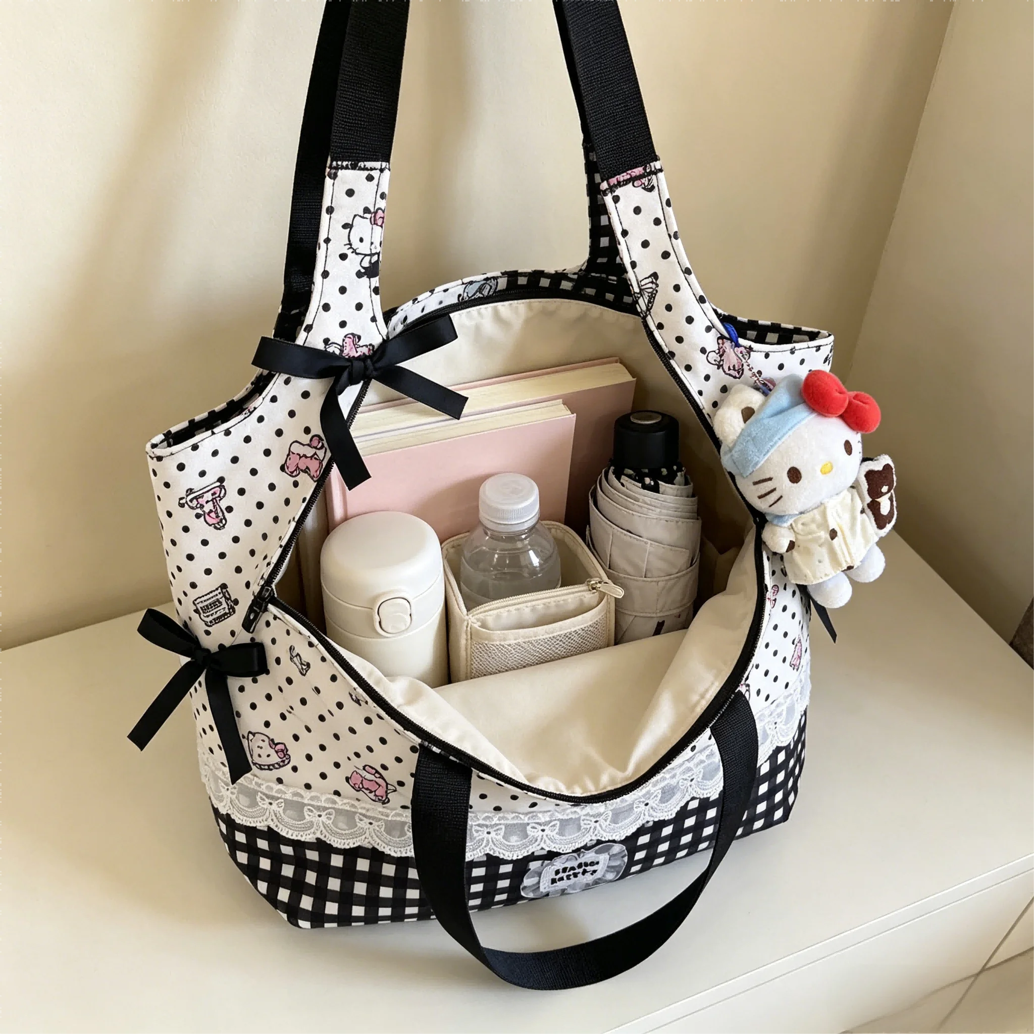 Ins Hello Kitty Canvas Tote Bag Student Casual Handbag Commute Lunch Shopping Bag