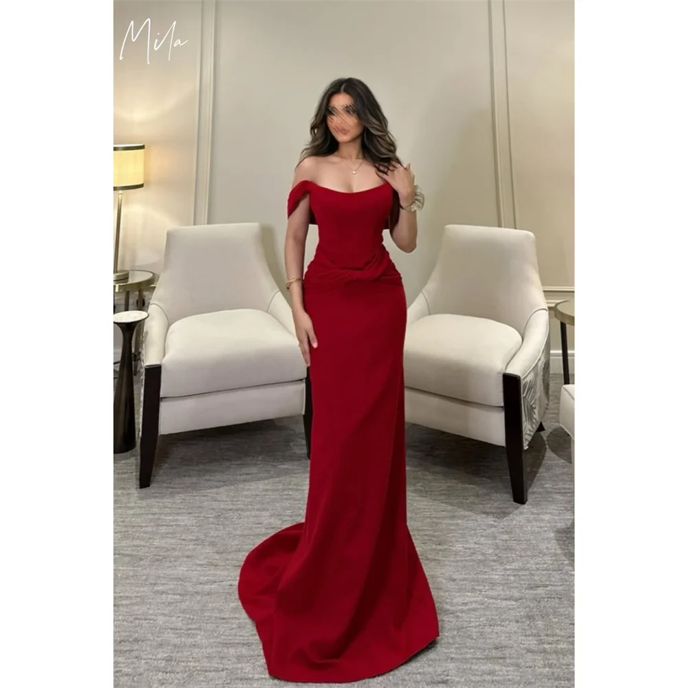 

Mila Red Off Shoulder Customized Party Dresses Chic Short Sleeve Mermaid Prom Dresses 2025 Elegant Court Train Evening Dresses