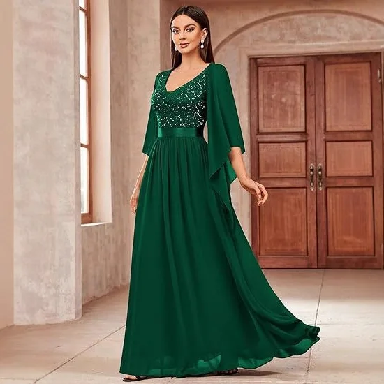 

Forest Green Sequin Chiffon Mother of Bride Gown V Neck Flowy Cape Sleeve Satin Sash Floor Length Church Wedding Custom Dress