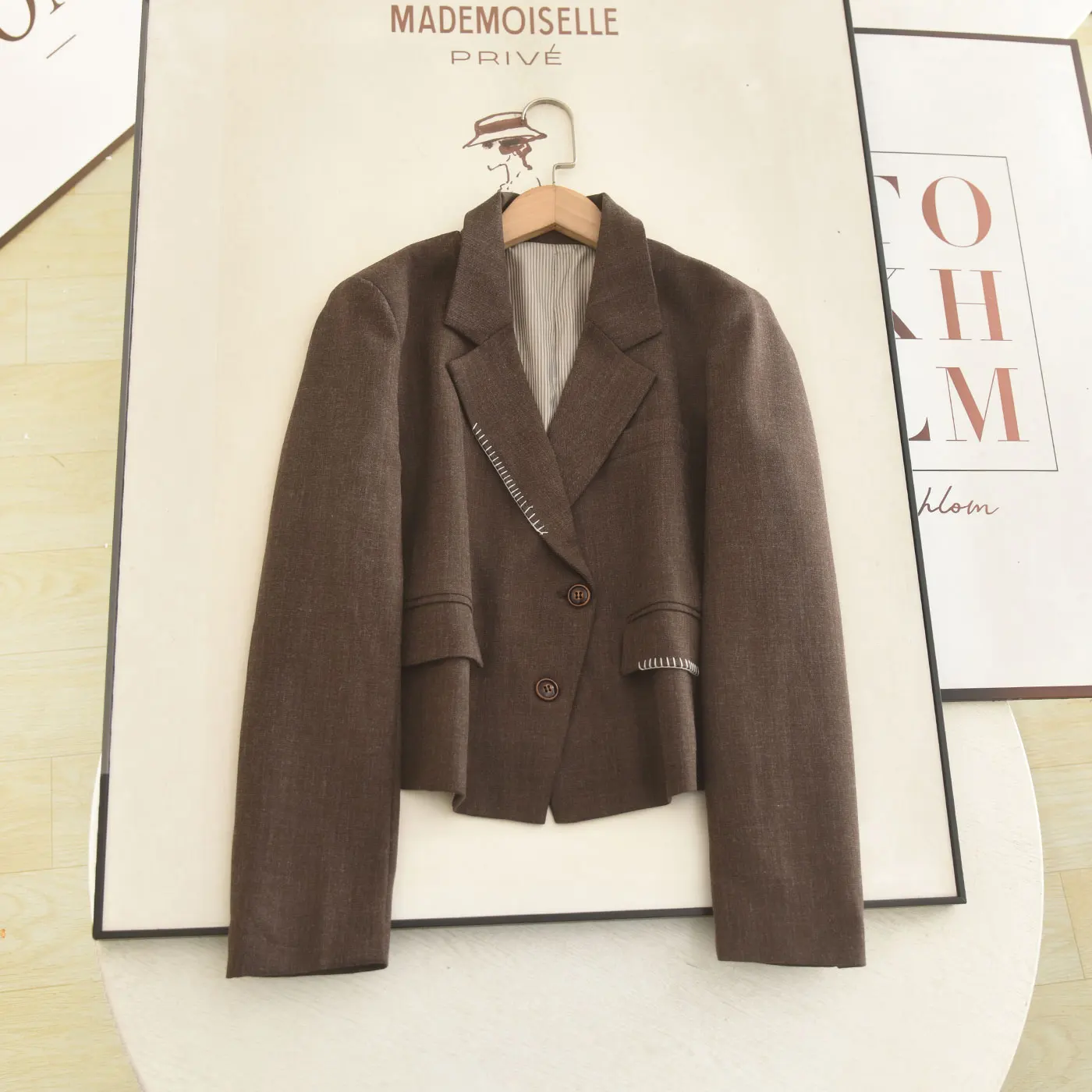 Vintage England Brown Cropped Blazer Jacket For Women Lapel Collar Asymmetric Button Diagonal Slim Fit Office Commuter Outerwear