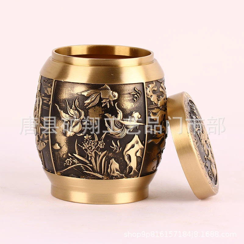 Brass-made koi fish tea with lid, for home and office, decorative copper canister