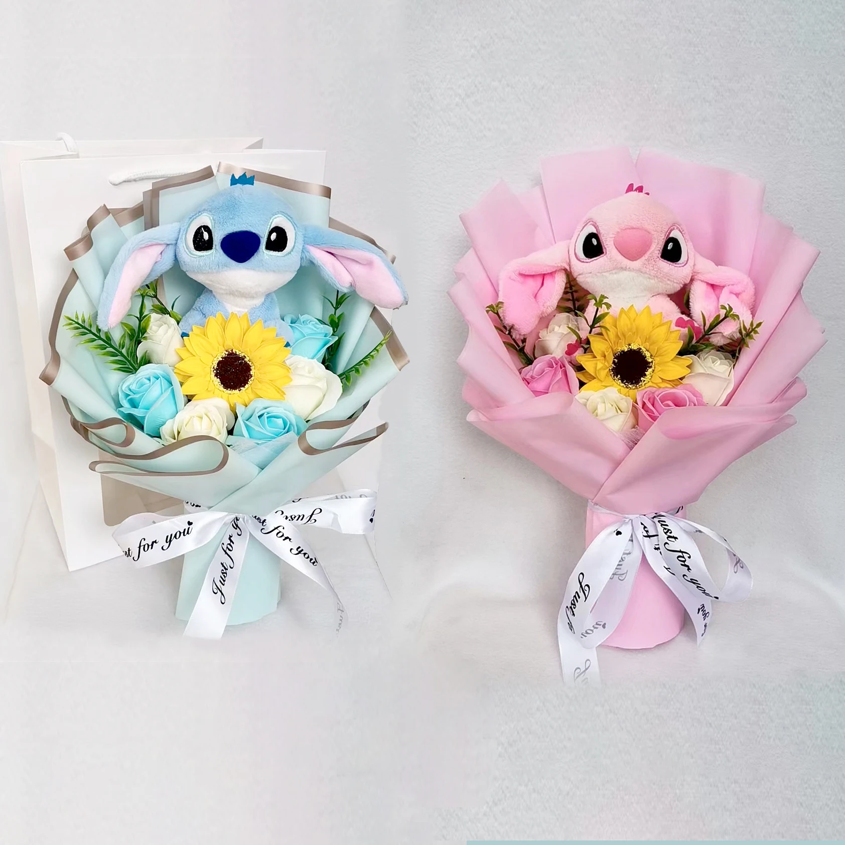 Lilo&Stitch Plush Bouquet Toy Christmas Gift Purple Blue Stuffed Rose Flower Soft Cute Cartoon Doll Valentine Graduation Gifts