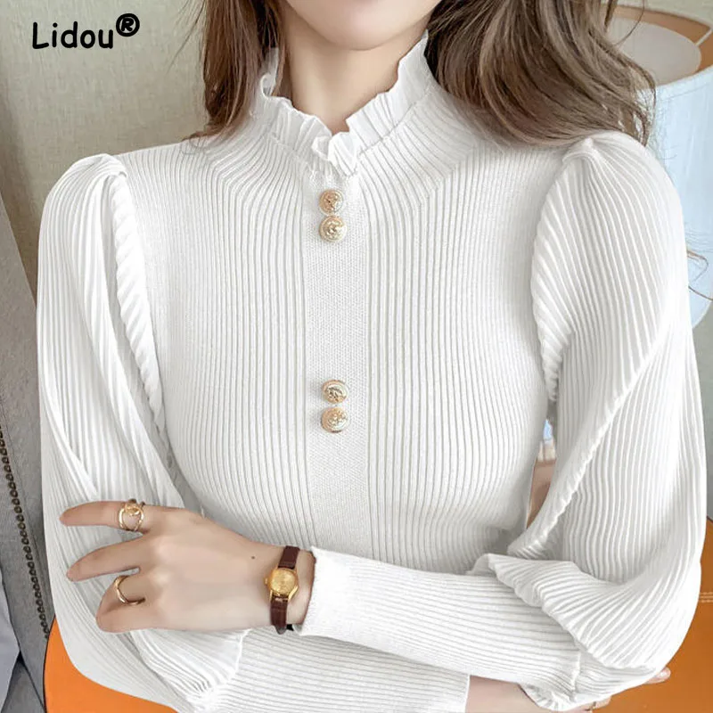 Autumn Ruffled Button Knitted Splicing Chiffon Pullovers for Women Long Sleeve Elegant Fashionr Lantern Sleeve Bottoming Shirt