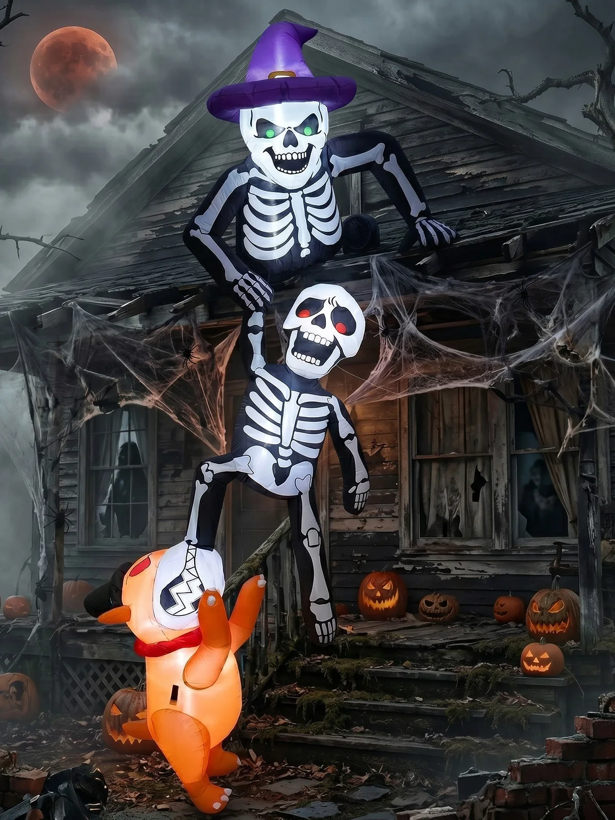 2,4 m Aufblasbare Halloween-Dekoration Skelett mit bissendem Hund, Kletterdesign für Terrassen, Dachterrassen und Partys