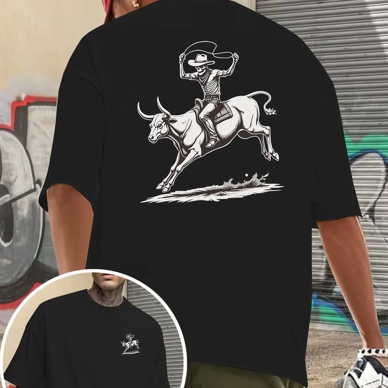 Bull Riding Skeleton Cowboy Graphic Tee Men's Loose Cotton Casual Short Sleeve T-Shirt for Streetwear
