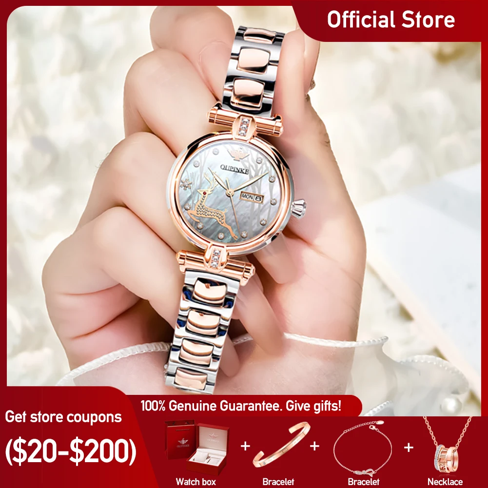 

OUPINKE 3180 Luxury Elegant Womens Watches Automatic Mechanical Watch Elk Forest Waterproof Luminous Bracelet Set Gifts Reloj