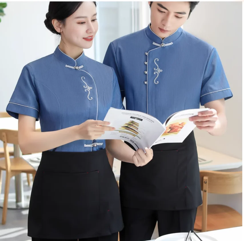 

Waiter work uniform short sleeved summer hotel Chinese restaurant hot pot tea house clothing