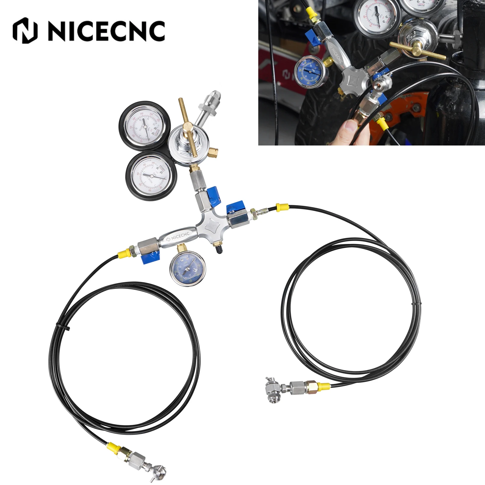 

For Yamaha Raptor 700 YZX Polaris CanAm Arctic Cat Dual Hose Nitrogen Shock Regulator Fill Tool With Schrader Valve ATV UTV