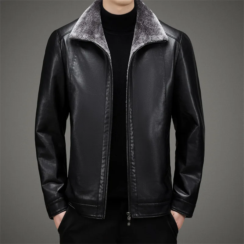 

Autumn and Winter New Men's Solid Polo Collar Leather Jacket with Thickened Insulation