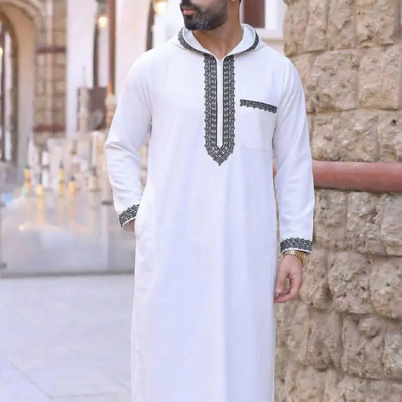 

Hooded Muslim Men Embroidery Costume Loose Pocket Traditional Islamic Men's Clothing Kaftan Festival Long Arabic Ethnic Robe