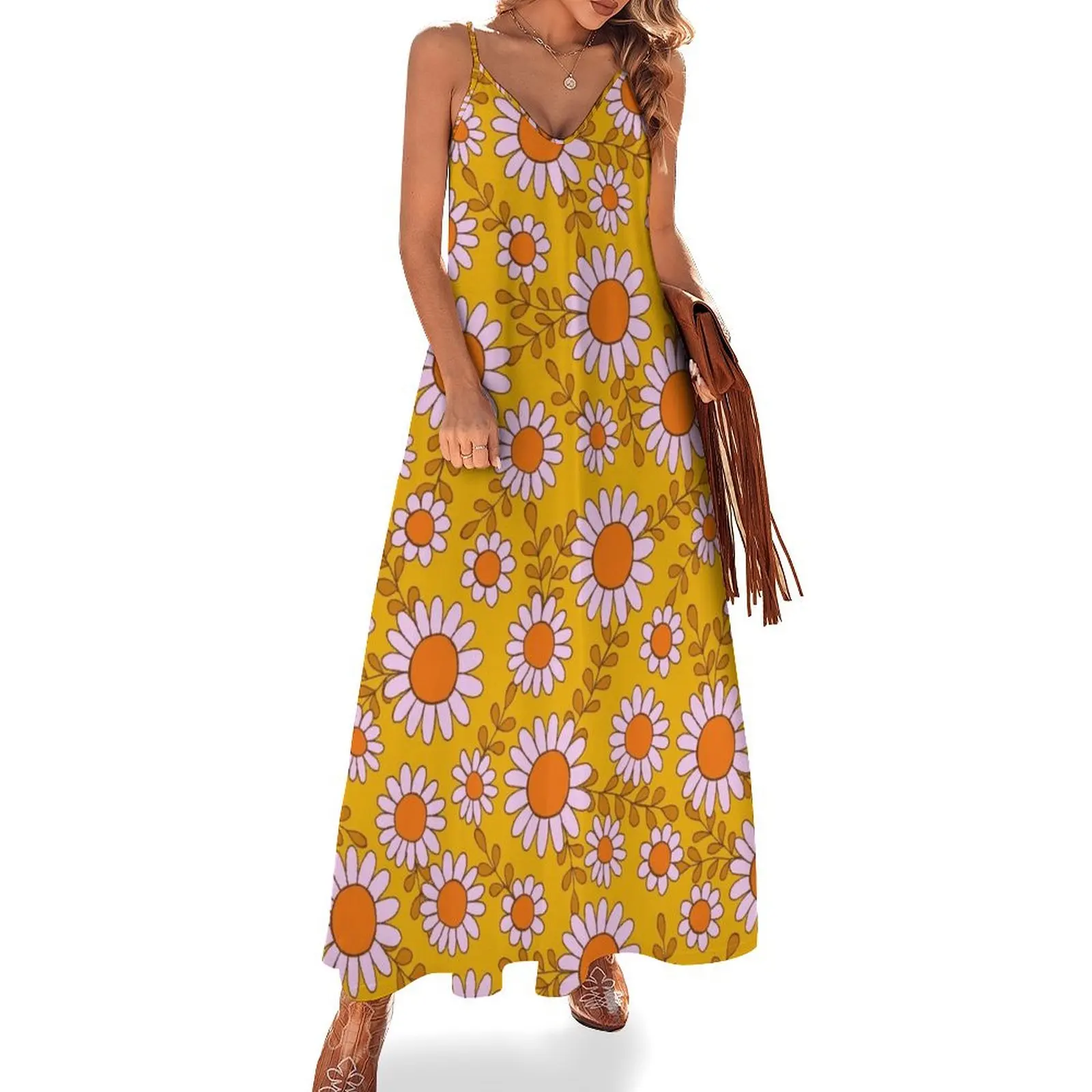 

Retro 70s daisy flowers botanical pattern in orange and pink Sleeveless Dress women dresses