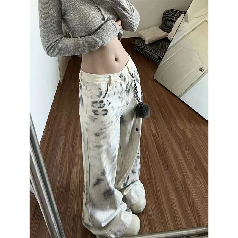 Retro Women Casual Dirty Cowboy Pantalons Lady High Waist Loose Leopard Print Trousers Autumn Femme Fashion Denim Wide-leg Pants
