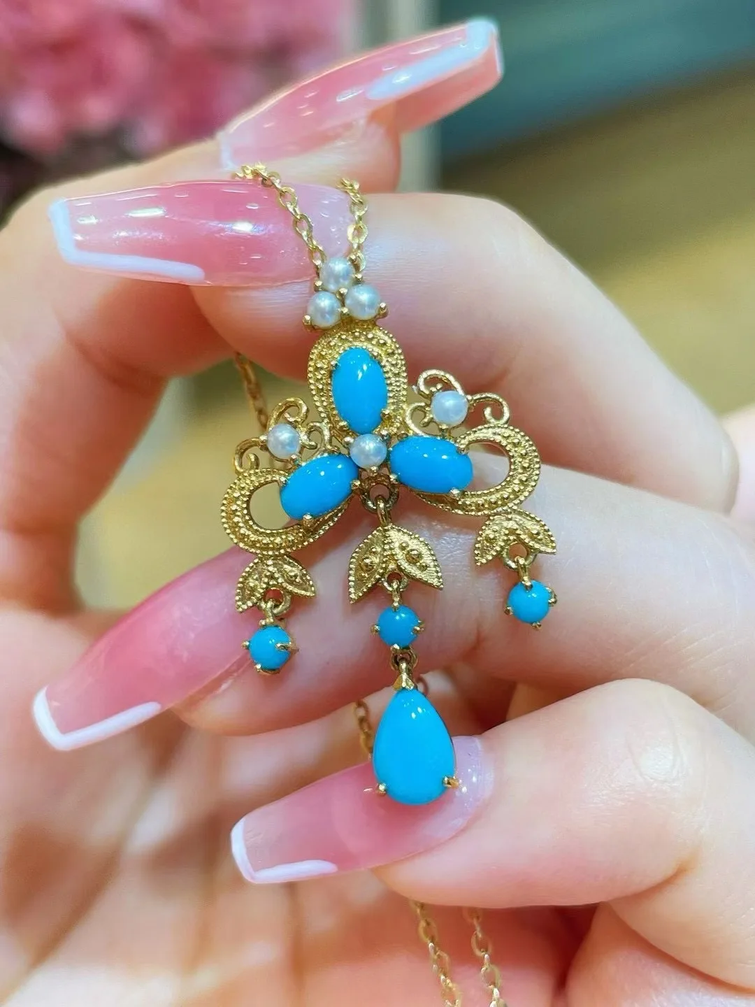 natural turquoise pendant 18K gold vintage fine women jewelry free shipping luxury genuine jewelry